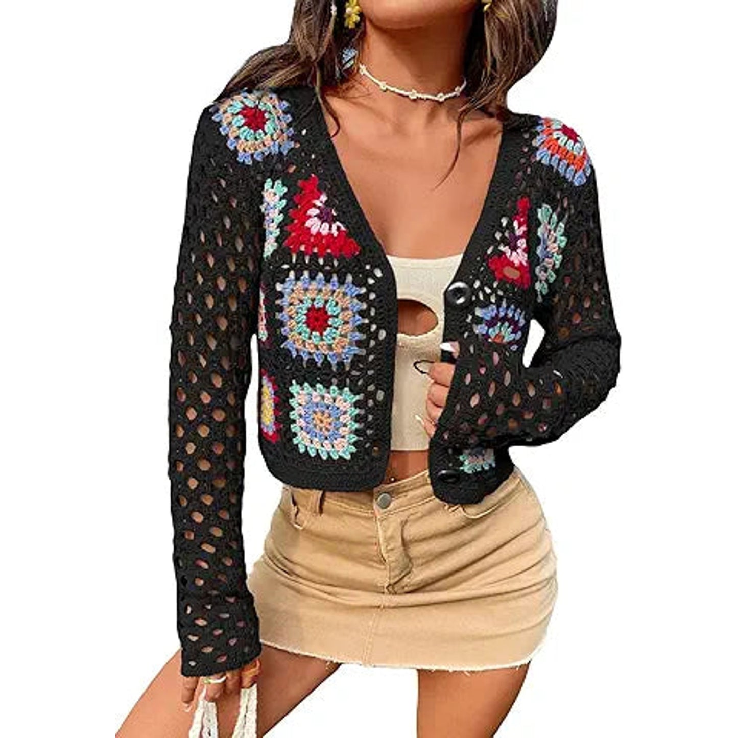 SHENHE Women's Floral Crochet V Neck Button Down Long Sleeve Cropped Cardigans Black S