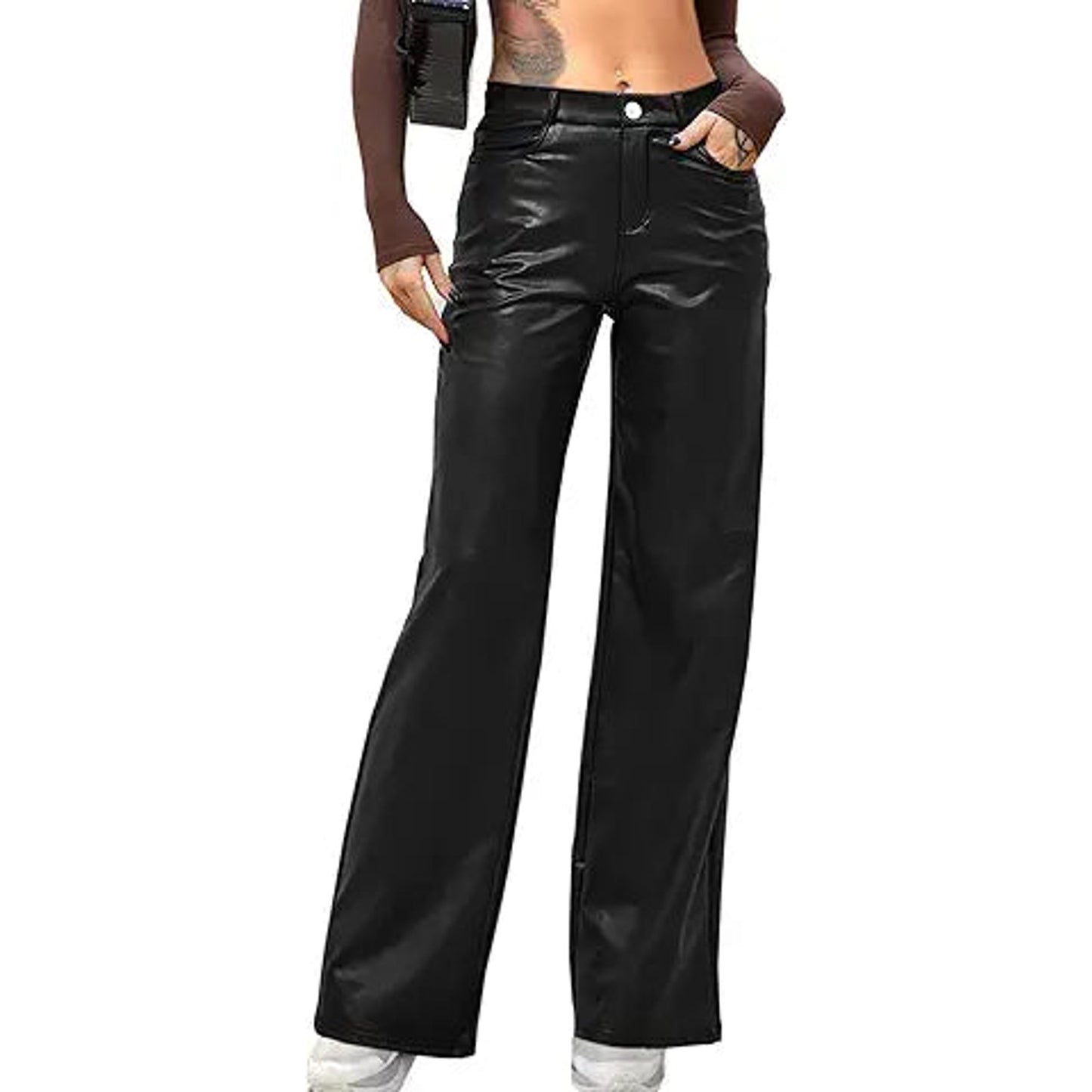 Navneet Women Faux Leather Pants PU High Waist Straight Leg Pants with Pockets Leather Leg