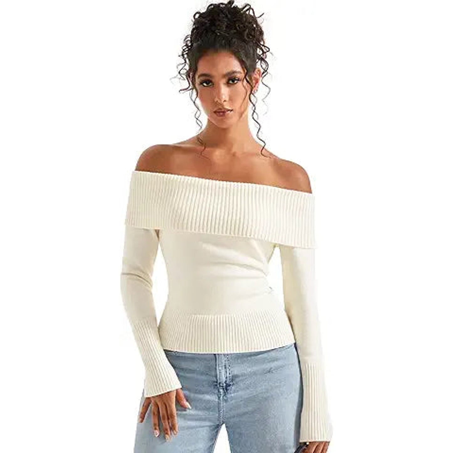 SUUKSESS Women Off Shoulder Sweater Long Sleeve Ribbed Knit Pullover Sweater Tops Going Ou