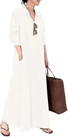 chouyatou Women's Basic Loose Fit Long Sleeve Button Up Maxi Shirt Dress with Pockets (X-L