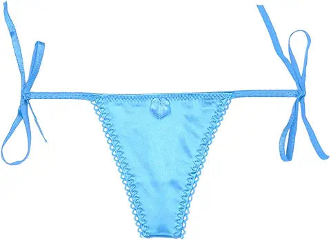 Celamirio Women's Low Rise Side Tie Thong Panties Satin Blue S M L