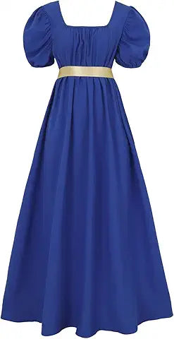 HEQU Regency Dresses for Women with Satin Sash Ruffle Empire Waist Dress Gown (M, Blue)