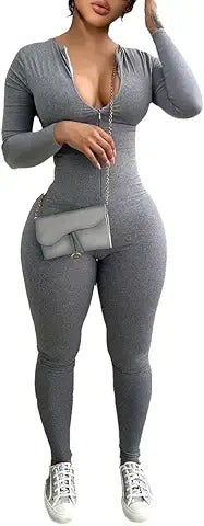 YeGine Women Long Sleeve Bodycon Jumpsuit Sexy Rompers One Piece Zip Up jumpsuits Grey XL