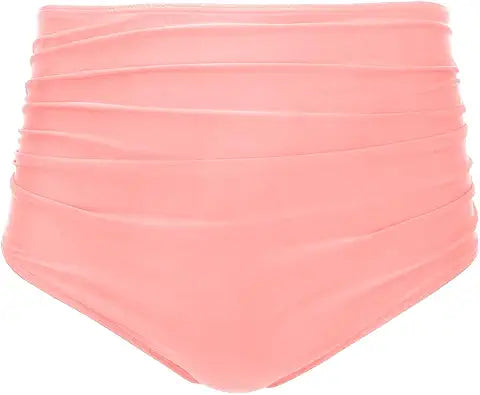 Tempt Me Women Retro High Waist Bikini Bottom Coral Pink Ruched Swim Brief Bottom L