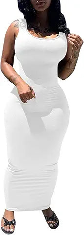 PINSV Women's Sexy Bodycon Tank Dress Basic Sleeveless Long Maxi Dresses Party Club Beach