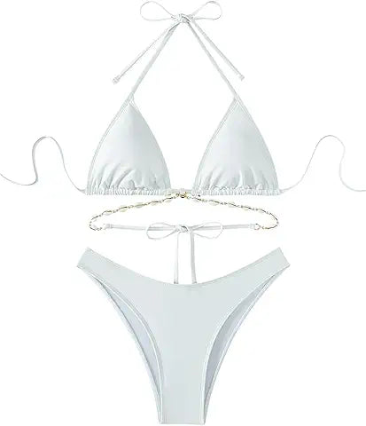Verdusa Women's 2 Piece Swimsuit V Neck Backless Halter Neck Bikini Swimsuit Set White Med