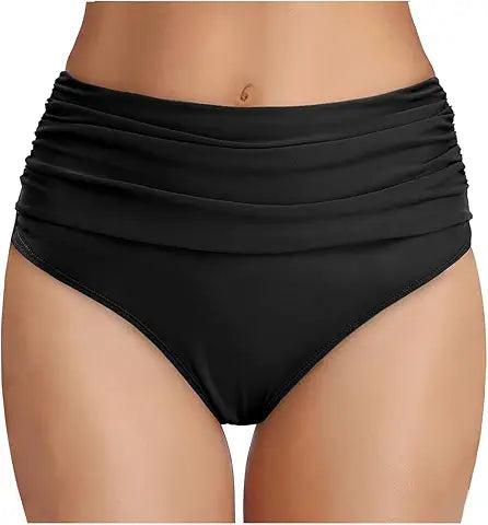 Tempt Me Women's Black High Waisted Bikini Bottom Tummy Control Ruched Bathing Suit Swim B