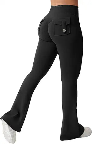 QOQ Flare Leggings with Pockets for Women Workout Scrunch Flare Leggings Tummy Control Gym
