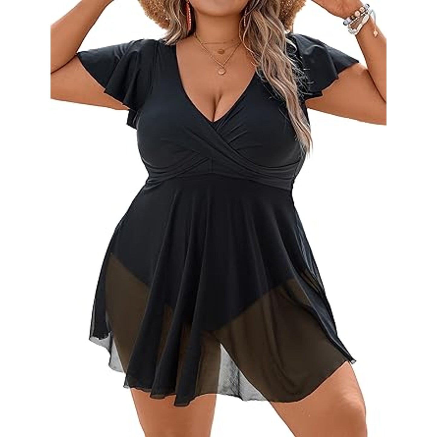BMJL Women's Plus Size Swimsuit One Piece Tummy Control Bathing Suit Ruffle Sleeve Swim Dr