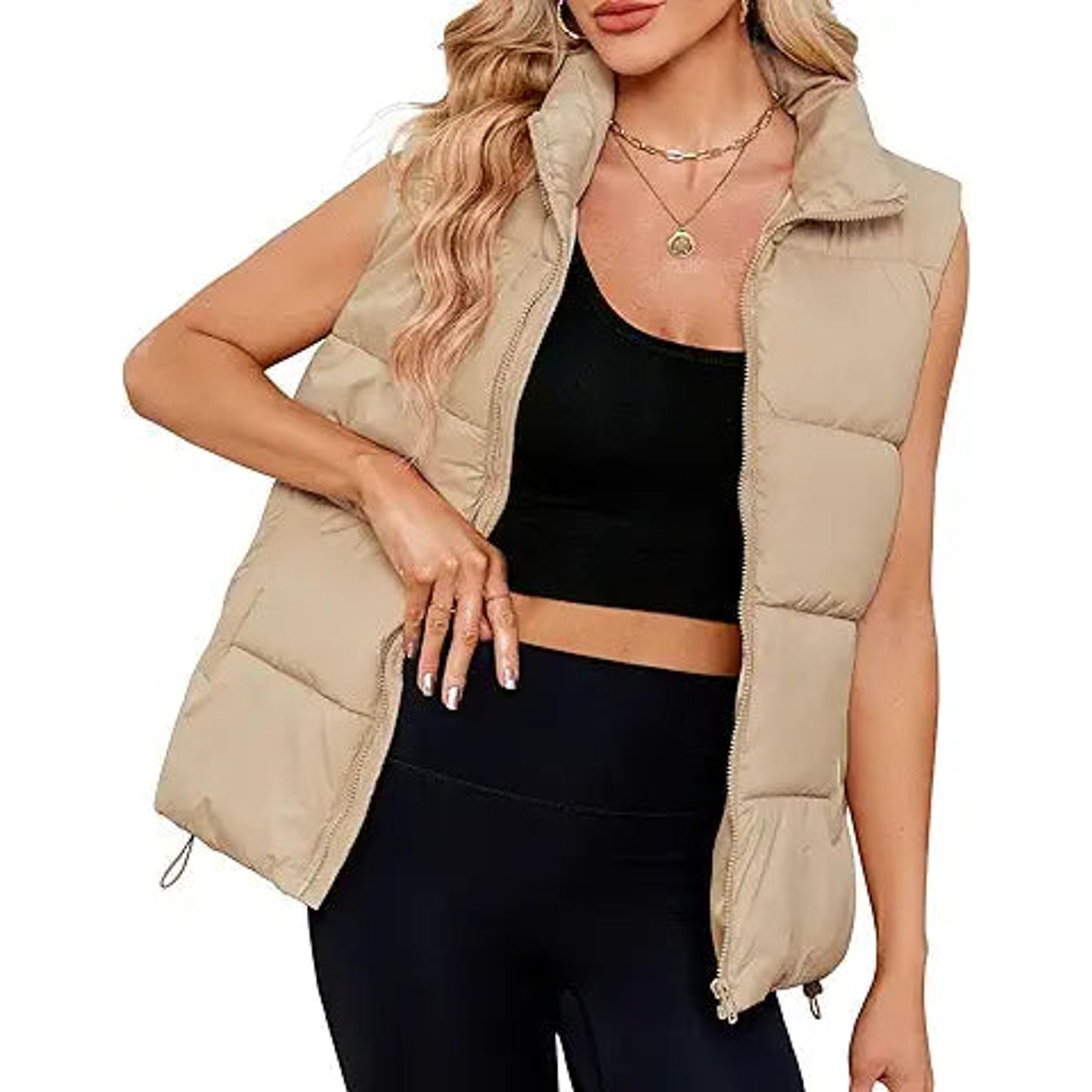 Century Star Khaki Puffer Vest for Women's Outerwear Vests Puffy Oversized 2024 Quilted Ve
