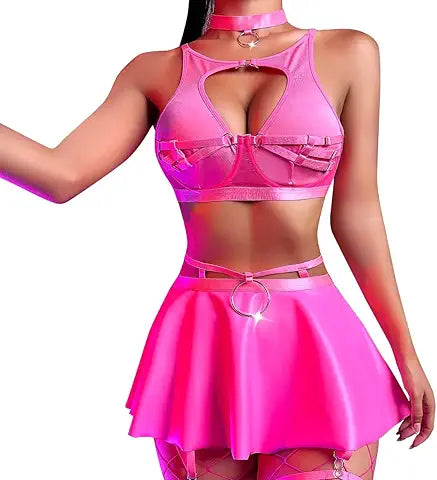 Women's Rave Festival Outfits Metallic Mini Skirt Cutout Crop Bra Top Choker 3 Piece Strap