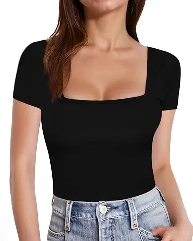 MANGOPOP Womens Short Sleeve Square Neck T Shirts Tops Fitted Tees(Black, Large)