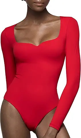 PUMIEY Bodysuits for Women Long Sleeve Sweetheart Neck Body Suits T Shirt Tops, Ruby Small