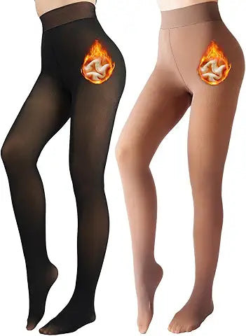 UniikStuff 2 Pack Fleece Lined Tights Sheer Winter - Fake Translucent Tights Winter Thick