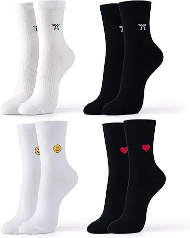 kikiya socks Women Cute Crew | 6 Pairs Red Heart Print Black White Color Cute Designer Gra