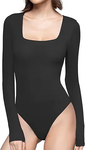 PUMIEY Long Sleeve Bodysuits for Women, Jet Black Medium