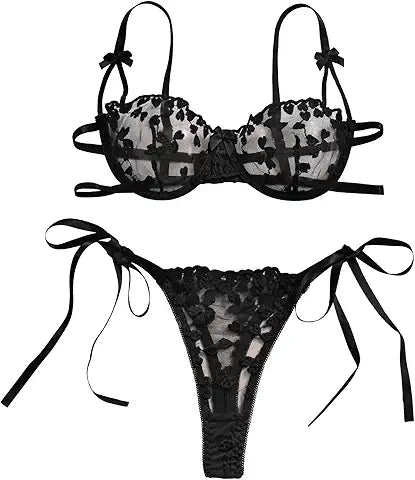 Lilosy Sexy Tie Side Cute Underwire Push Up Strappy Heart Embroidered Mesh Sheer Lingerie