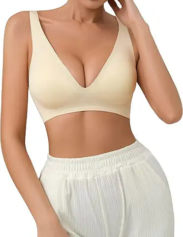 SHARICCA Pro Seamless Bra for Women Deep V Neck Wirefree Bra Adjustable Strap Comfort Slee
