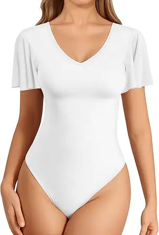 MANGOPOP Womens Deep V Neck Ruffle Short Sleeve Tops Sexy Bodysuit for Women Clothing