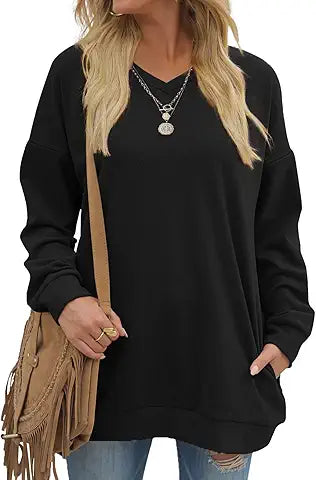 OFEEFAN Womens Long Sleeve Shirts V Neck Loose Pockets Tunic Sweatshirts Black M