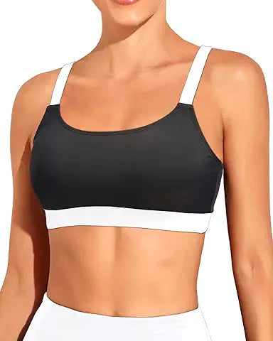 Tempt Me Women Black White Sports Bra Bikini Tops Scoop Neck Bathing Suits Top Padded Swim
