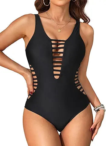 Aqua Eve Women Sexy One Piece Swimsuits Plunge Deep V Neck Cutout Bathing Suits Black Larg
