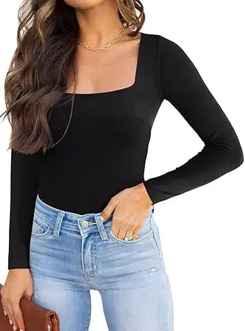 Womens Sexy Square Neck Double Lined Seamless Fitted Shirts Stretchy Long Sleeve Bodysuit