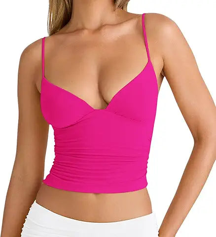 LCNBA Women's Sexy Deep V-Neck Ruched Sleeveless Crop Tank Top Spaghetti Straps Slim Fitte