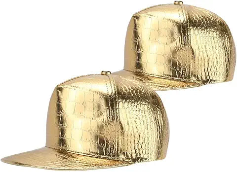 2Pack Hip Hop Gold Hat Rock Flat Brim Bill Hats Adjustable Funny Snapback Hat for Men and