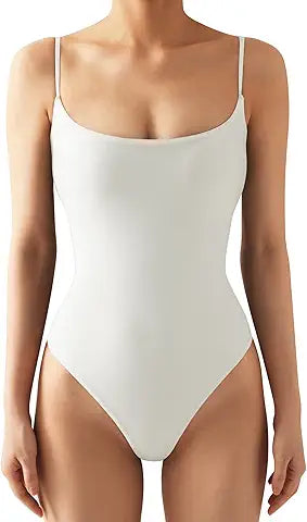 SUUKSESS Women Sexy Square Neck Thong Bodysuit Backless Sleeveless Cami Body Suit Top (Whi