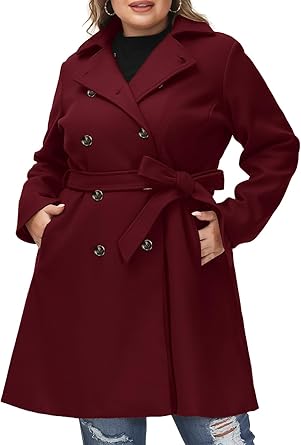 Hanna Nikole Women Plus Size Notch Lapel Double Breasted Mid-Long Wool Blend Coat Wine Red
