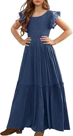 MITILLY Girls Lace Flower Ruffle Sleeve A-Line Swing Wedding Party Long Maxi Dress with Po