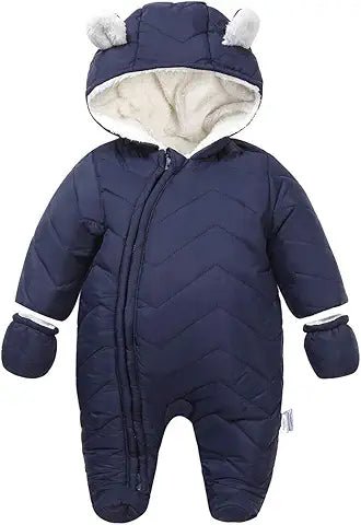 DINGDONG'S CLOSET Baby Boy Girl Winter Hooded Puffer Jacket Snowsuit with Gloves(Navy,3-6M