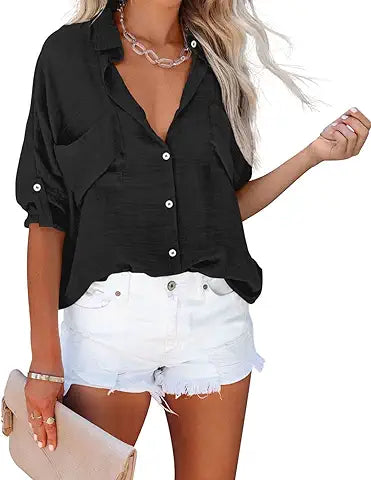 Diosun Womens Button Down Shirts V Neck Casual Long Sleeve Roll Up Loose Plain Blouses Top