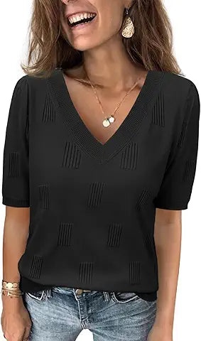 ATHMILE Summer Tops for Women 2025 Short Sleeve V Neck Sweaters Dressy Casual Blouses Ligh