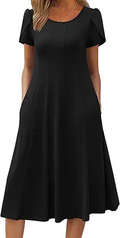 Zeagoo Womens Black Dress Short Sleeve Crewneck Basic Tunic Dress Casual Summer Midi A-Lin