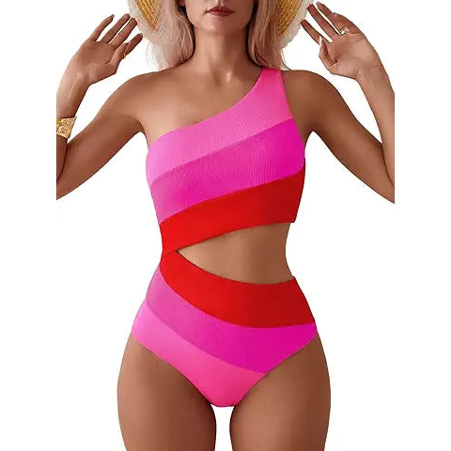TASHEHE Women's One Shoulder One Piece Swimsuit Sexy Color Block Patchwork Bathing Suit Mo