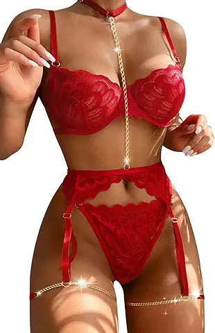 Lilosy Sexy Choker Floral Lace Scallop Sheer Underwire Push Up Garter Belt Lingerie Set fo