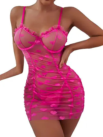 COZYEASE Women's 2 Piece Lingerie Set Heart Mesh Frill Trim Teddy Babydoll Lingerie Chemis