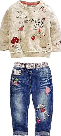 LUKYCILD Toddler Girl Clothes Baby Girl Long Sleeve Top + Jeans Pants with Pockets 2 Piece