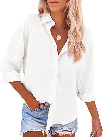 siliteelon Womens Button Down Shirts Cotton Dress Shirts Long Sleeve Blouses V Neck Solid