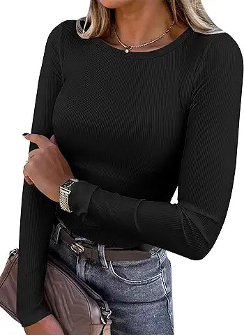 ANRABESS Women Long Sleeve Crewneck Rib Knit Slim Fit Shirts Basic Tee Tops 2025 Casual T-