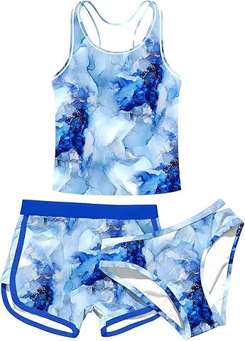 uideazone Teenager Girl 3pc Swimsuits 12t Marbling Racer Back Bathing Suit with High Elast