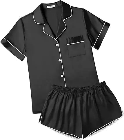 Ekouaer Womens Silk Satin Pajamas Short Sleeve Sleepwear Soft Button Down Loungewear 2 Pie