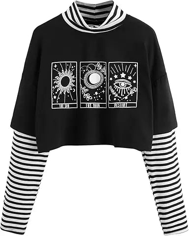 SweatyRocks Women's Color Block Butterfly Print Striped Long Sleeve Crop Top T Shirt Graph