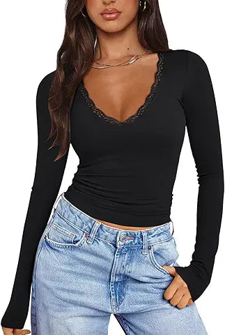 PINKMSTYLE Womens Sexy V-Neck Long Sleeve Tops Slim Fit Double Lined Tee Trendy Club Outfi