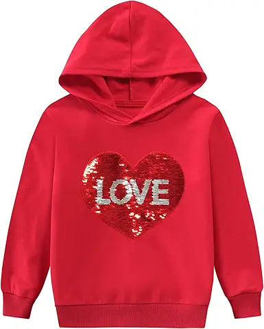 Little Hand Hooded Sweaters for Girls Cute Reversible Heart Sequin Pullover Hoodies Long S