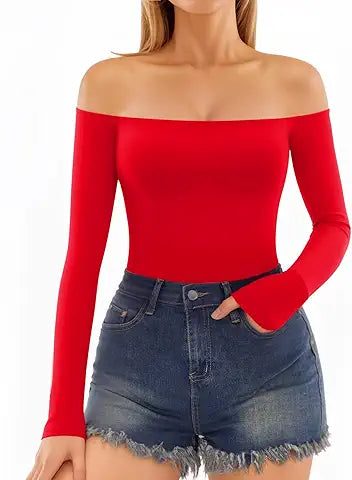 MANGOPOP Off The Shoulder Tops for Women Sexy Long Sleeve T Shirt Slim Fitted Tee Going Ou