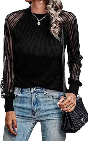 Dokotoo Tops for Women Elegant Crew Neck Corset Shirts Ribbed Striped See Through Ladies G