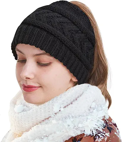 PFFY Ponytail Beanie Hat for Women Winter Warm Knit Beanies High Bun Hats Skull Cap Black